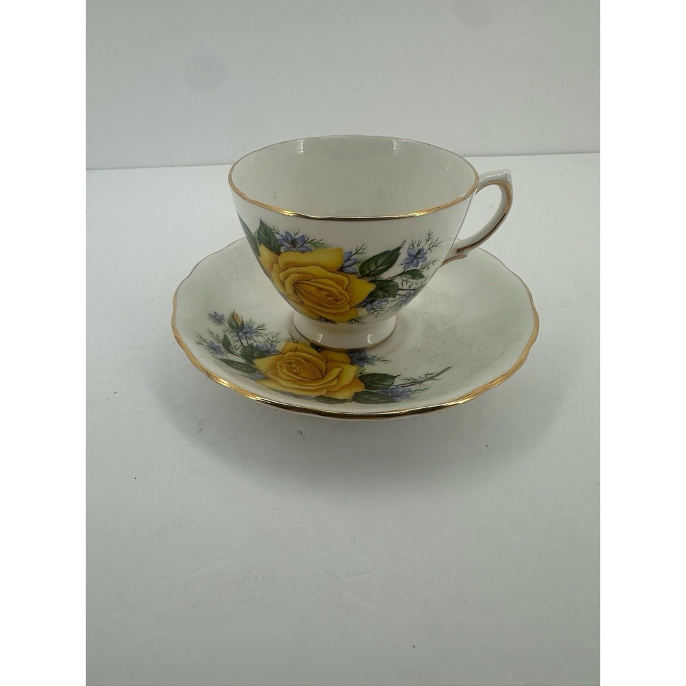 Royal‎ Vale Ridgway Potteries Bone China Cup & Saucer Yellow Rose & Blue Flowers
